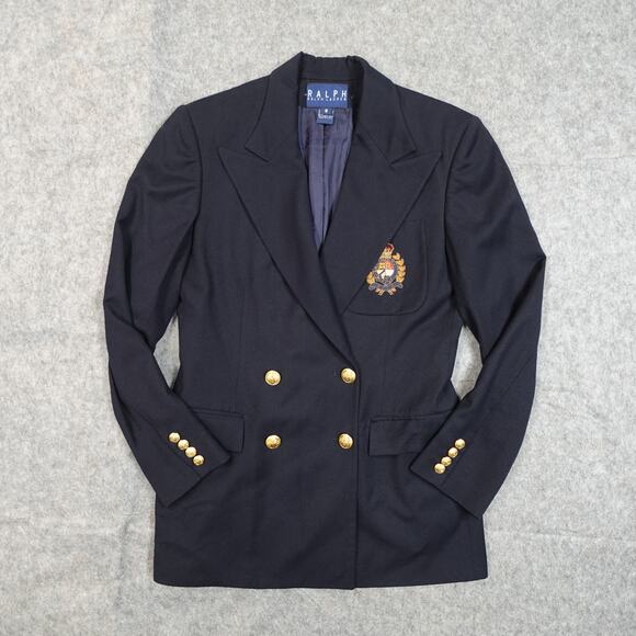VTG Ralph Lauren Blazer Womens 8 Crest Wool Double Breasted Navy Gold Button